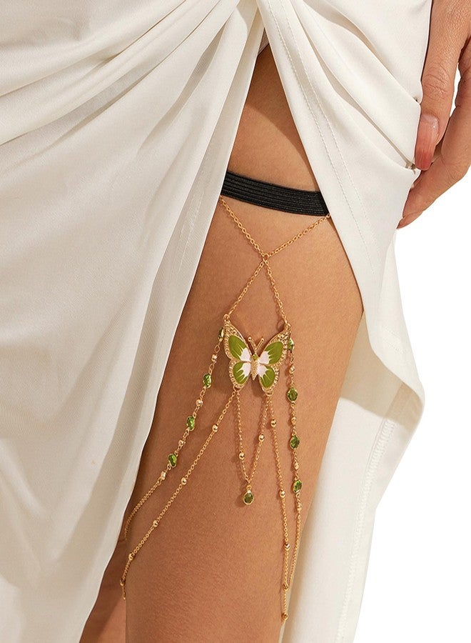 WFik Summer Crystal Thigh Chain Jewelry Elastic Adjustable Crystal Tassel Leg Chain Bikini Beach Festival Rave Rhinestone Butterfly Body Thigh Chain Jewelry for Women (Green) - Image 5